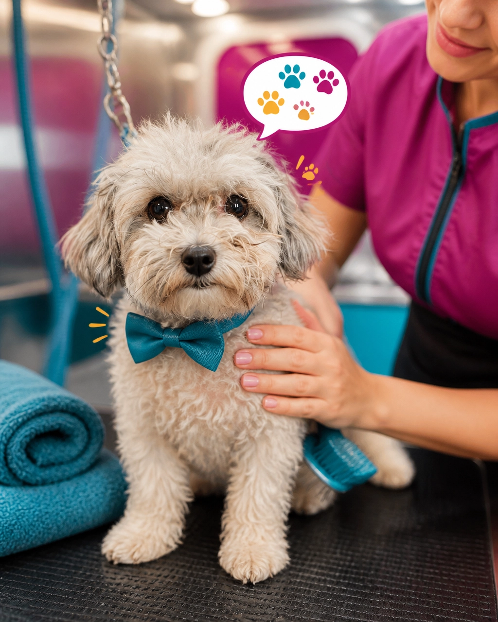 A calm dog receives gentle touch-cue grooming from an experienced groomer inside a private mobile salon