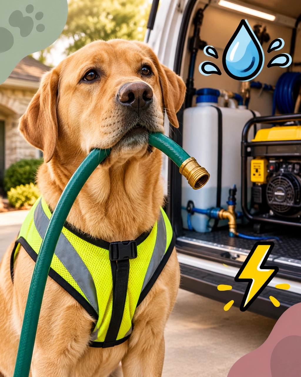 Large Labrador supervising a self-contained mobile grooming van setup