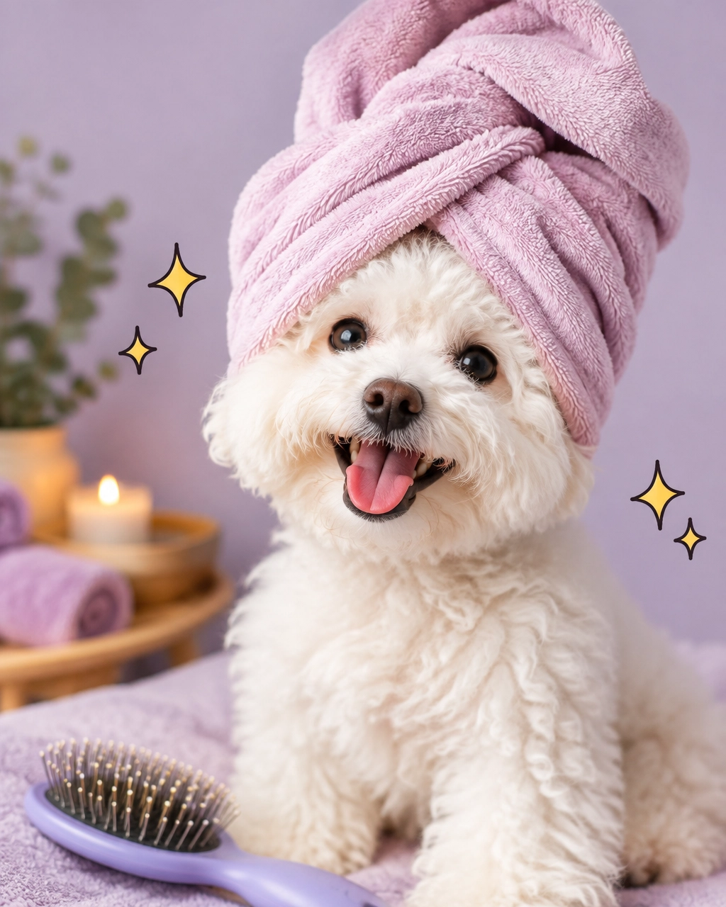 McKinney mobile dog groomer showing a small fluffy dog enjoying a funny towel-turban spa moment