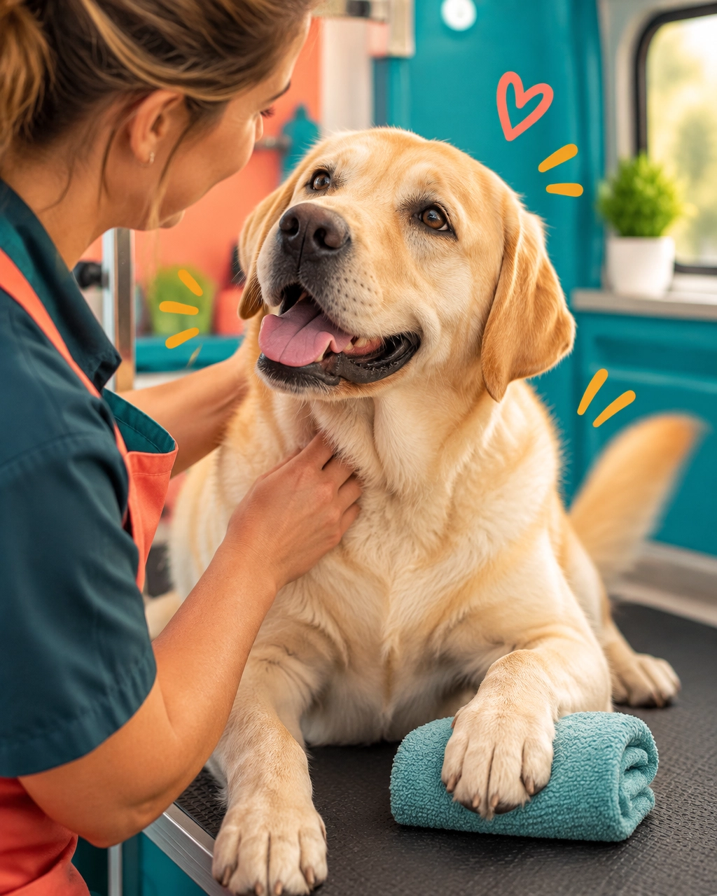 Prosper mobile dog groomer helping a relaxed Labrador retriever enjoy a calm grooming session