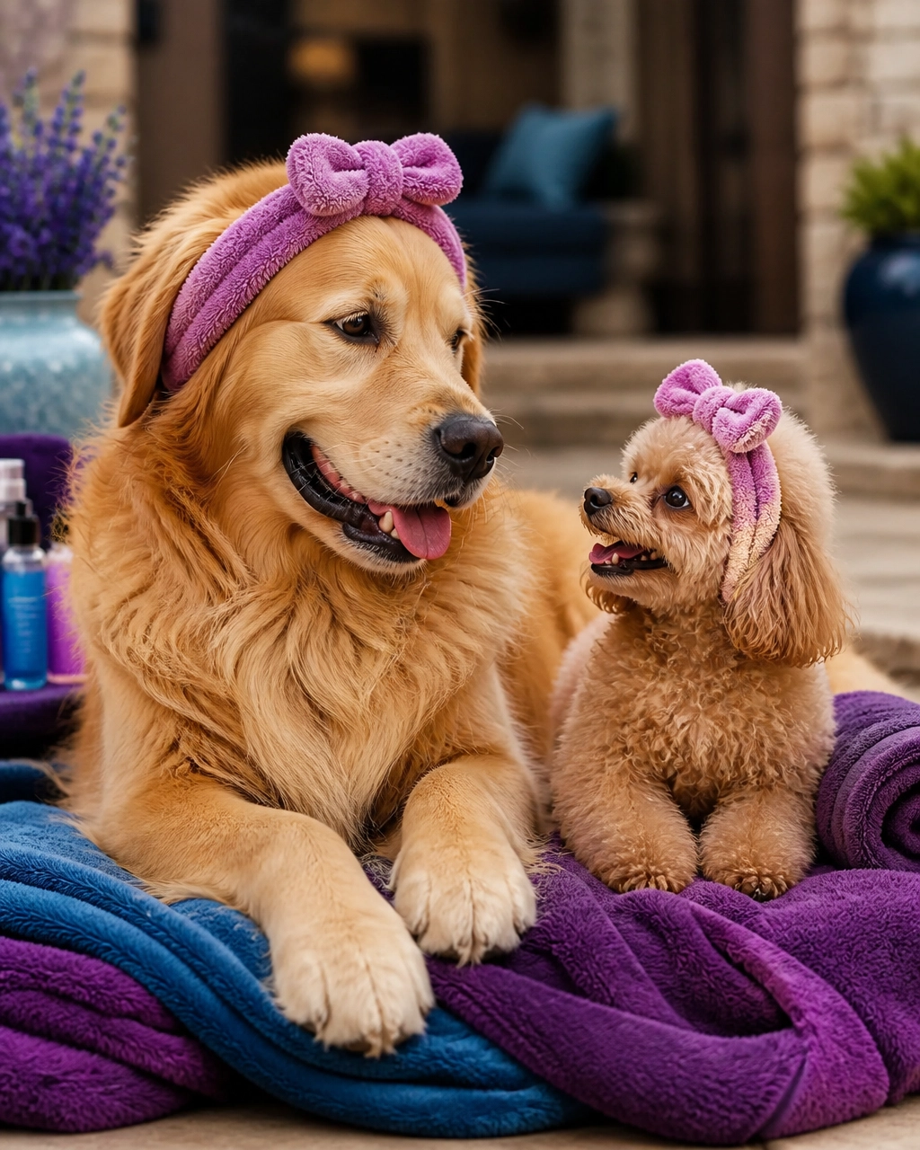 A giant Golden Retriever and a tiny toy poodle wearing matching spa headbands after grooming