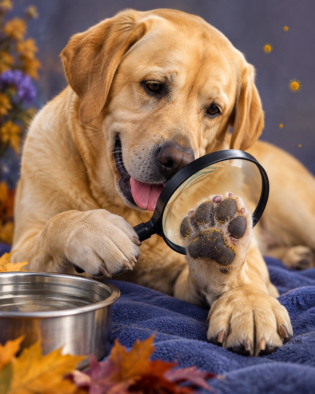 mckinney mobile dog groomer large Labrador investigating an itchy paw with a magnifying glass