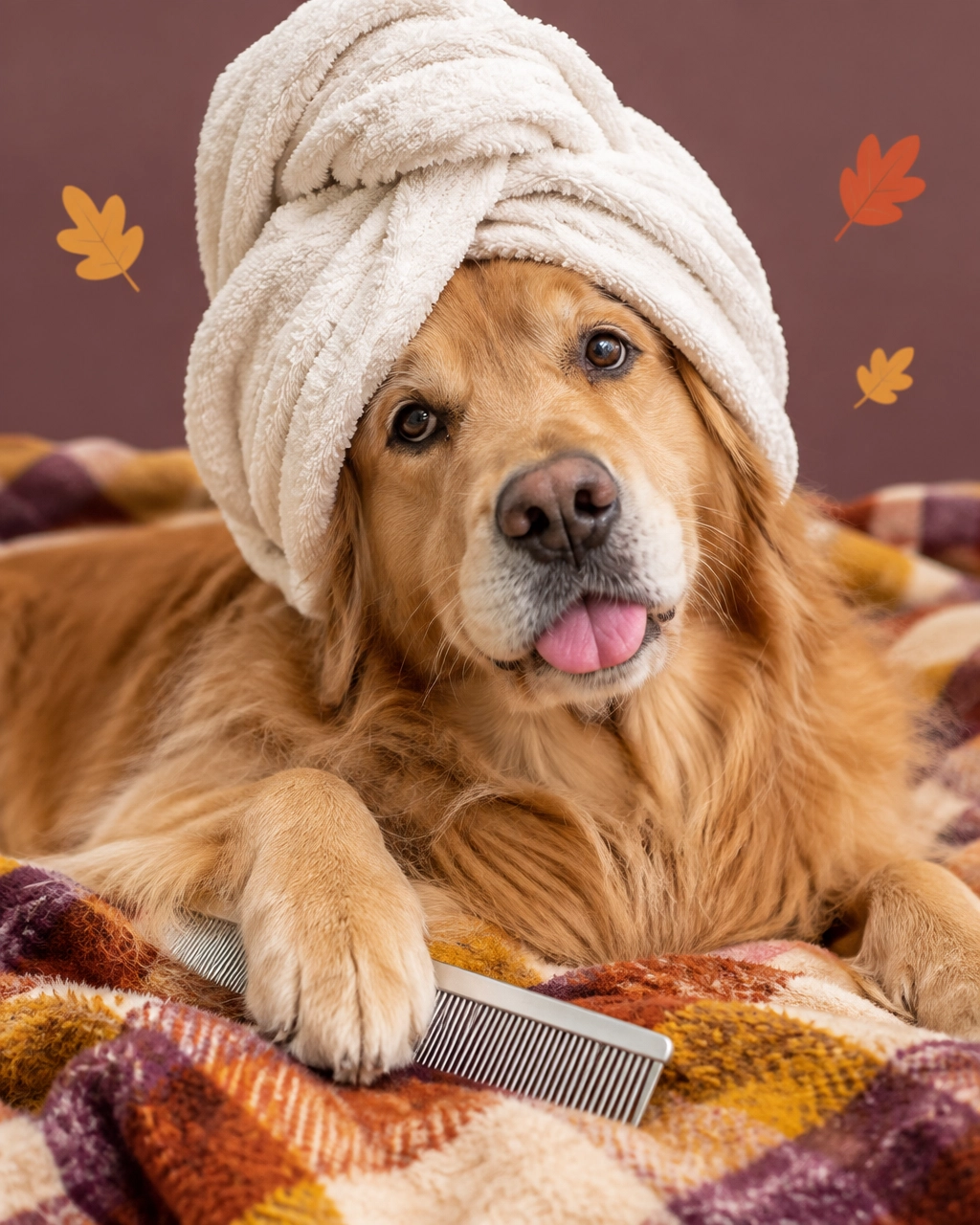 A fluffy golden retriever dramatically waiting for a fall spa appointment on a fuzzy blanket