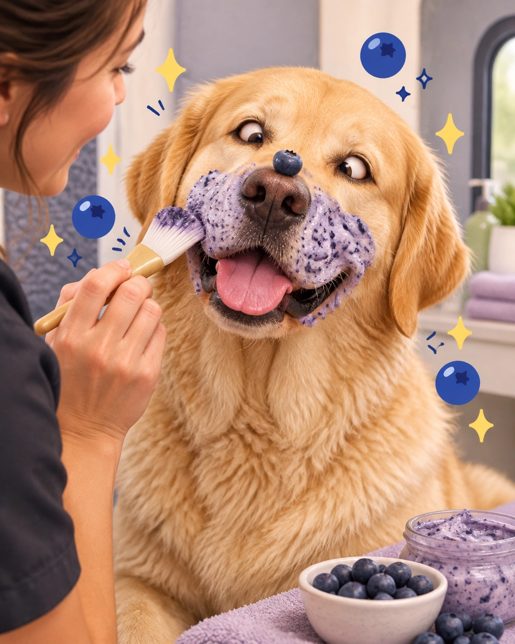 Giant Labrador enjoying a quiet blueberry facial inside a mobile grooming salon