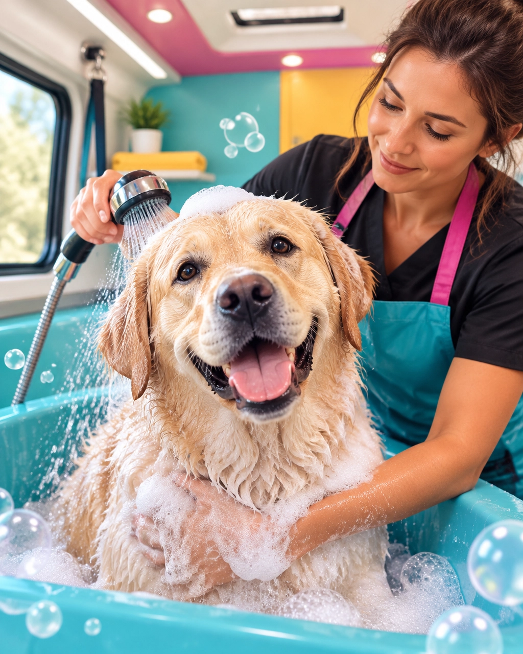Mobile dog grooming McKinney luxury bath scene with a relaxed, playful Labrador-sized dog