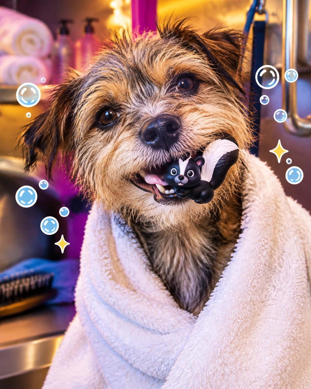 A small terrier wrapped in a towel after a de-skunk bath, looking relieved while holding a tiny skunk toy
