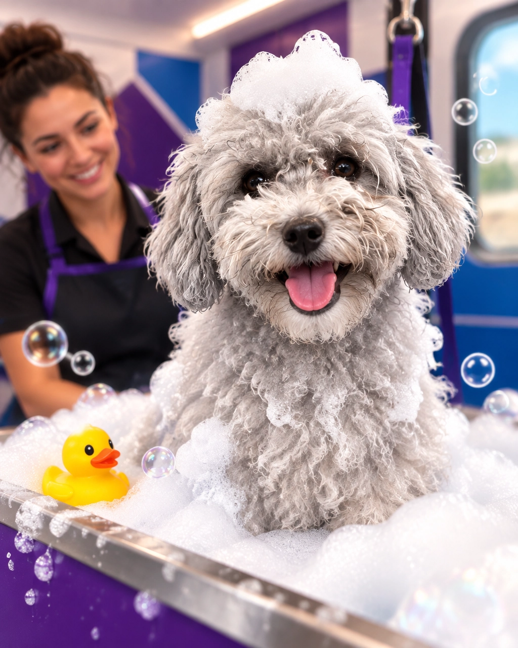 A proud standard poodle surrounded by oxygenated bath bubbles inside a modern mobile grooming van