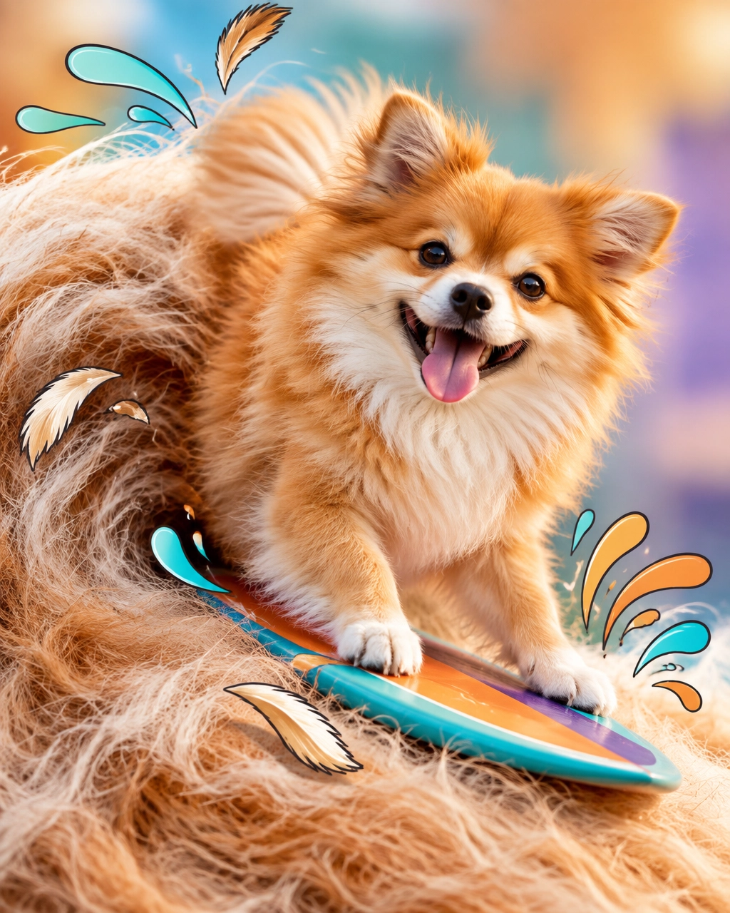 Freshly brushed fluffy dog joyfully surfing on a giant wave of shed fur, photographed by a McKinney mobile dog groomer