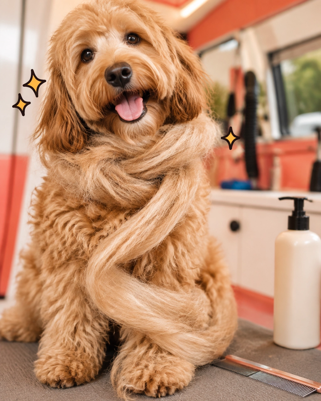McKinney mobile dog groomer caring for a fluffy doodle with a silly oversized ribbon of fur