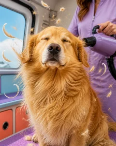 Golden Retriever enjoying a relaxing professional blowout as loose undercoat floats away