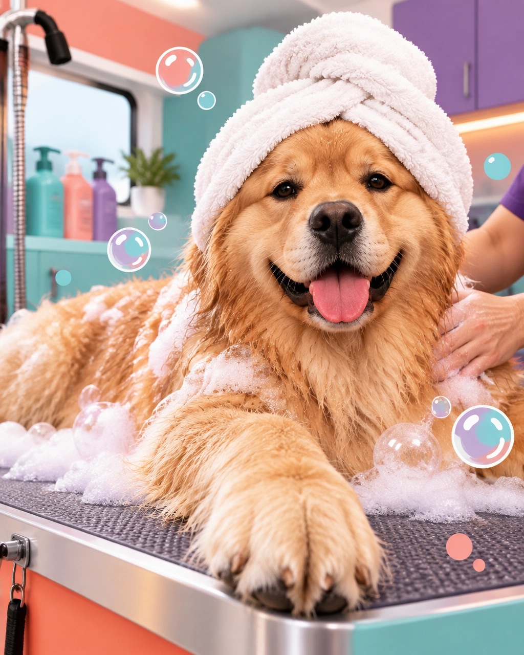 A huge golden retriever relaxing during a bubbly hydromassage bath
