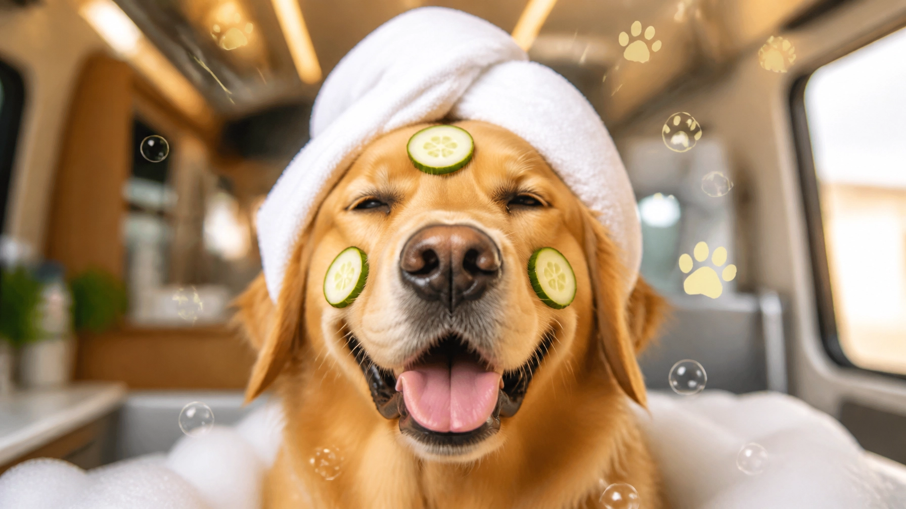 A big happy golden retriever enjoys a funny spa treatment inside a mobile grooming van