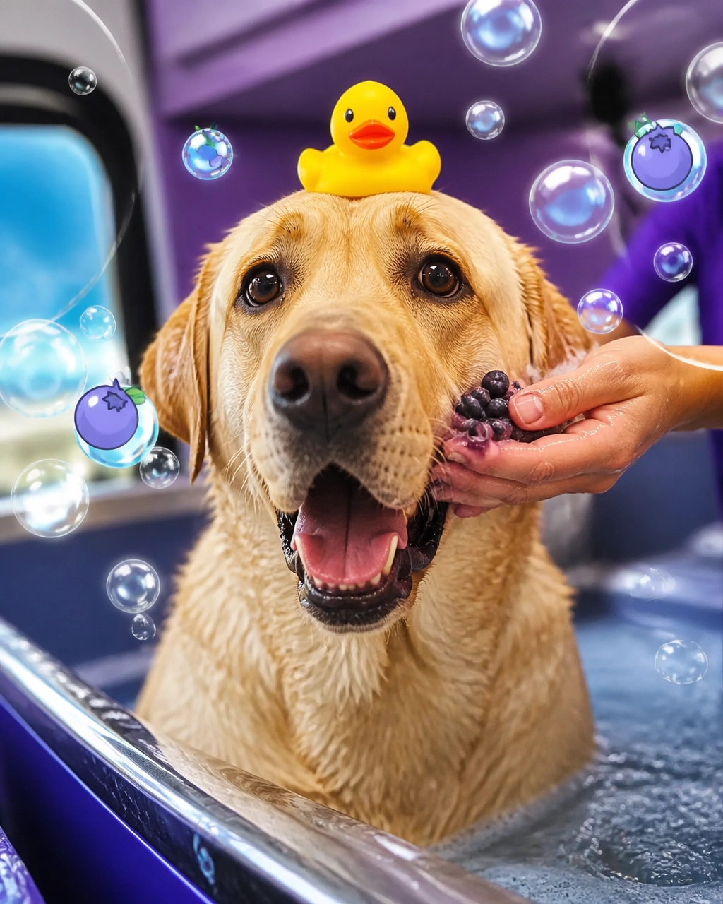 A large Labrador relaxing in a hydromassage tub with a tiny rubber duck and blueberry facial