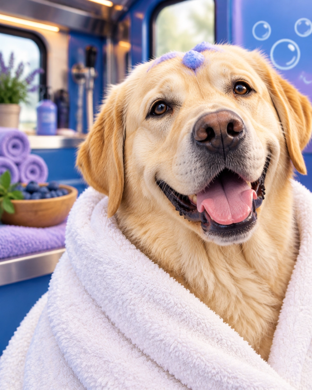 A large yellow Labrador enjoys a goofy luxury spa finish after an oxygenated bath and blueberry facial
