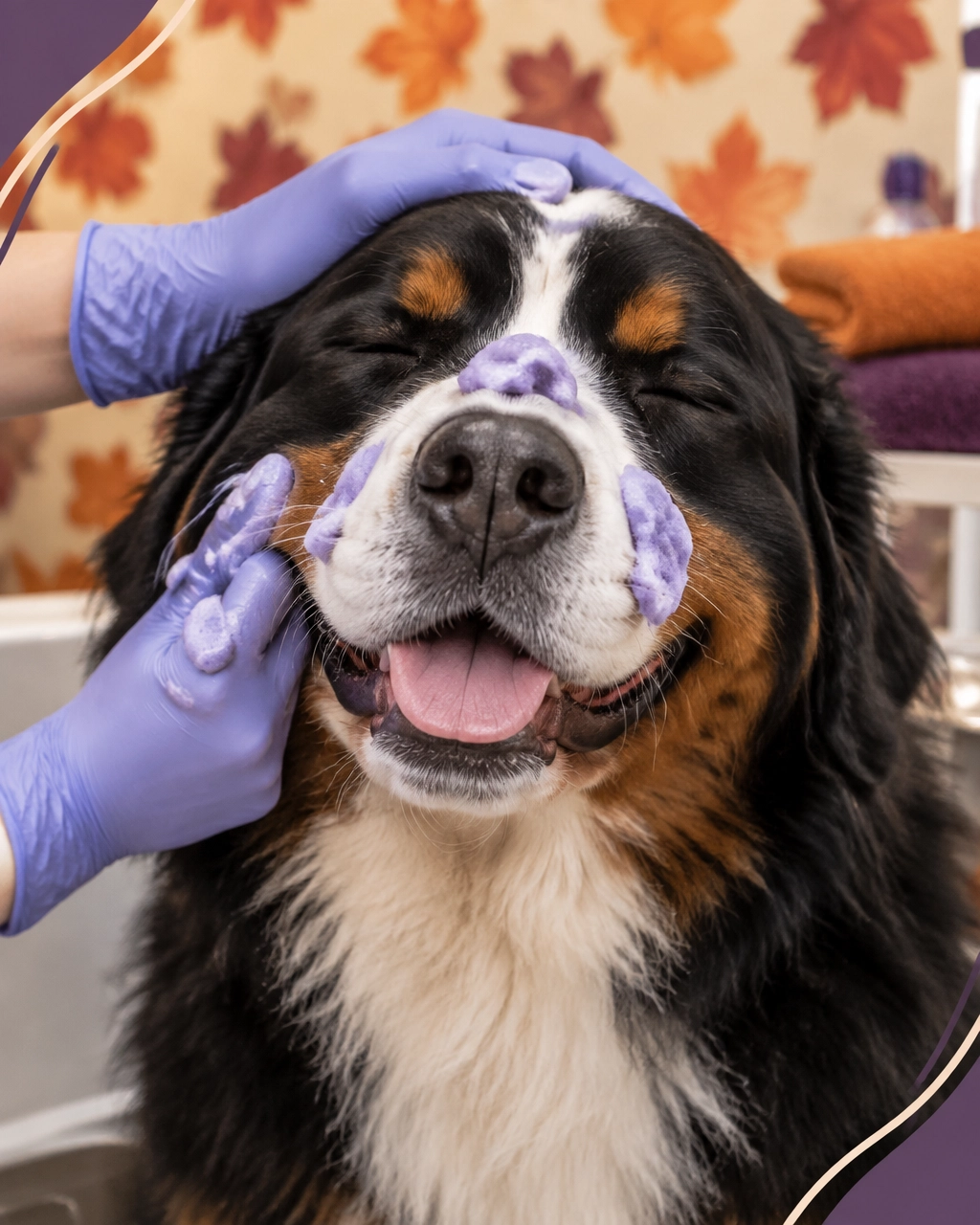 A relaxed Bernese Mountain Dog enjoying a playful blueberry facial in a luxury mobile grooming salon