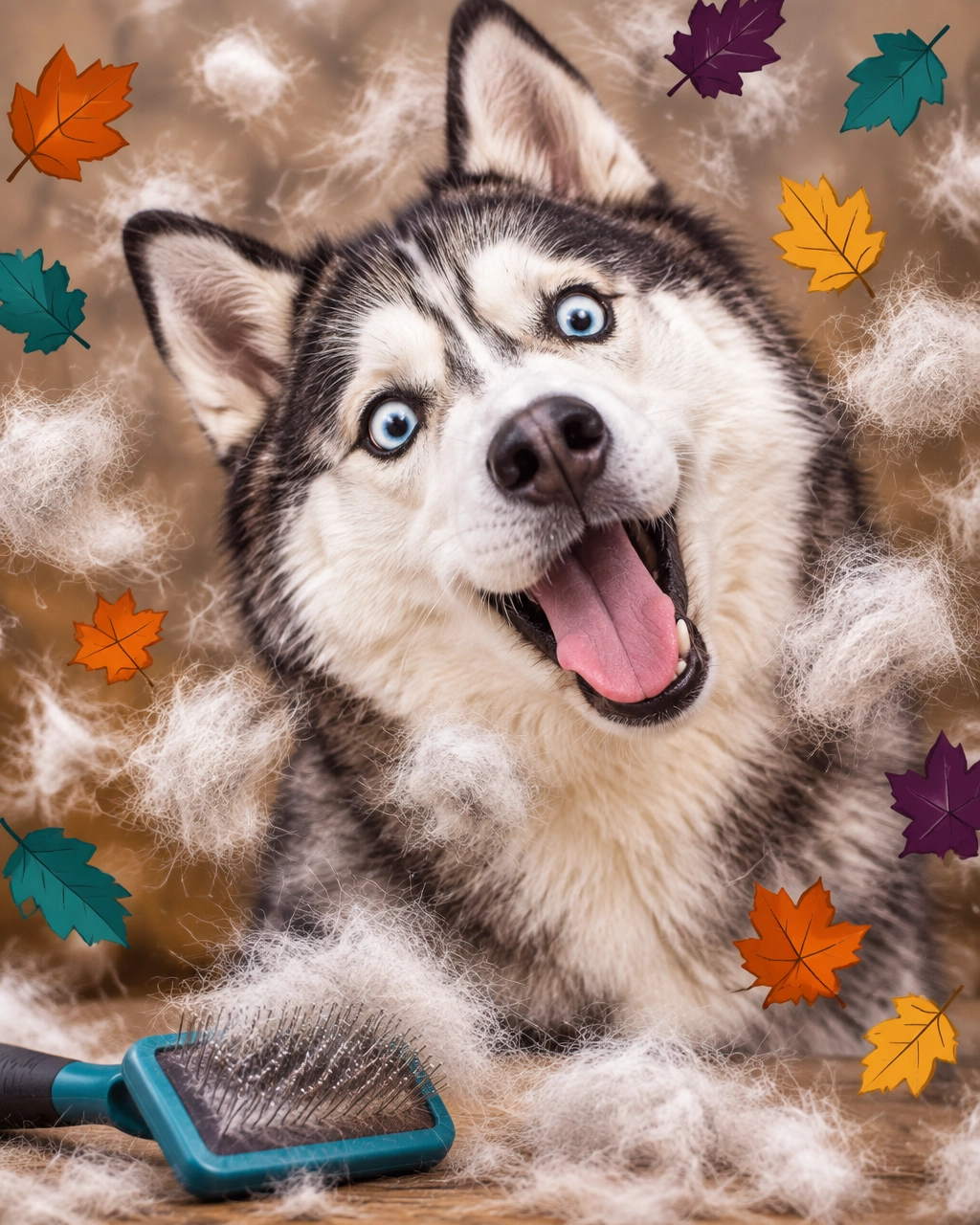 McKinney mobile dog groomer helping a surprised husky through a humorous fall shedding cloud
