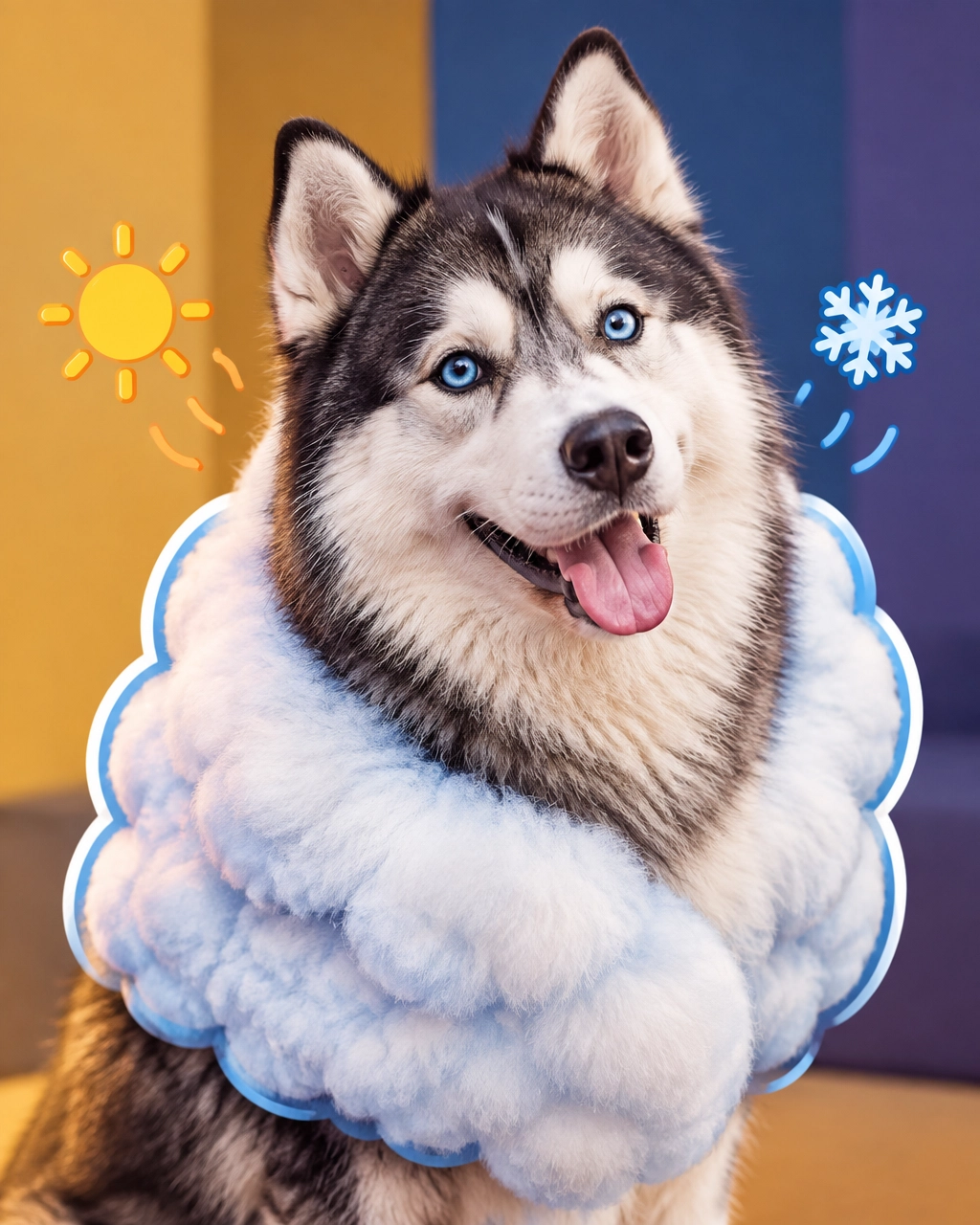 Playful husky surrounded by illustrated sun and snowflake icons showing the natural protection of a double coat
