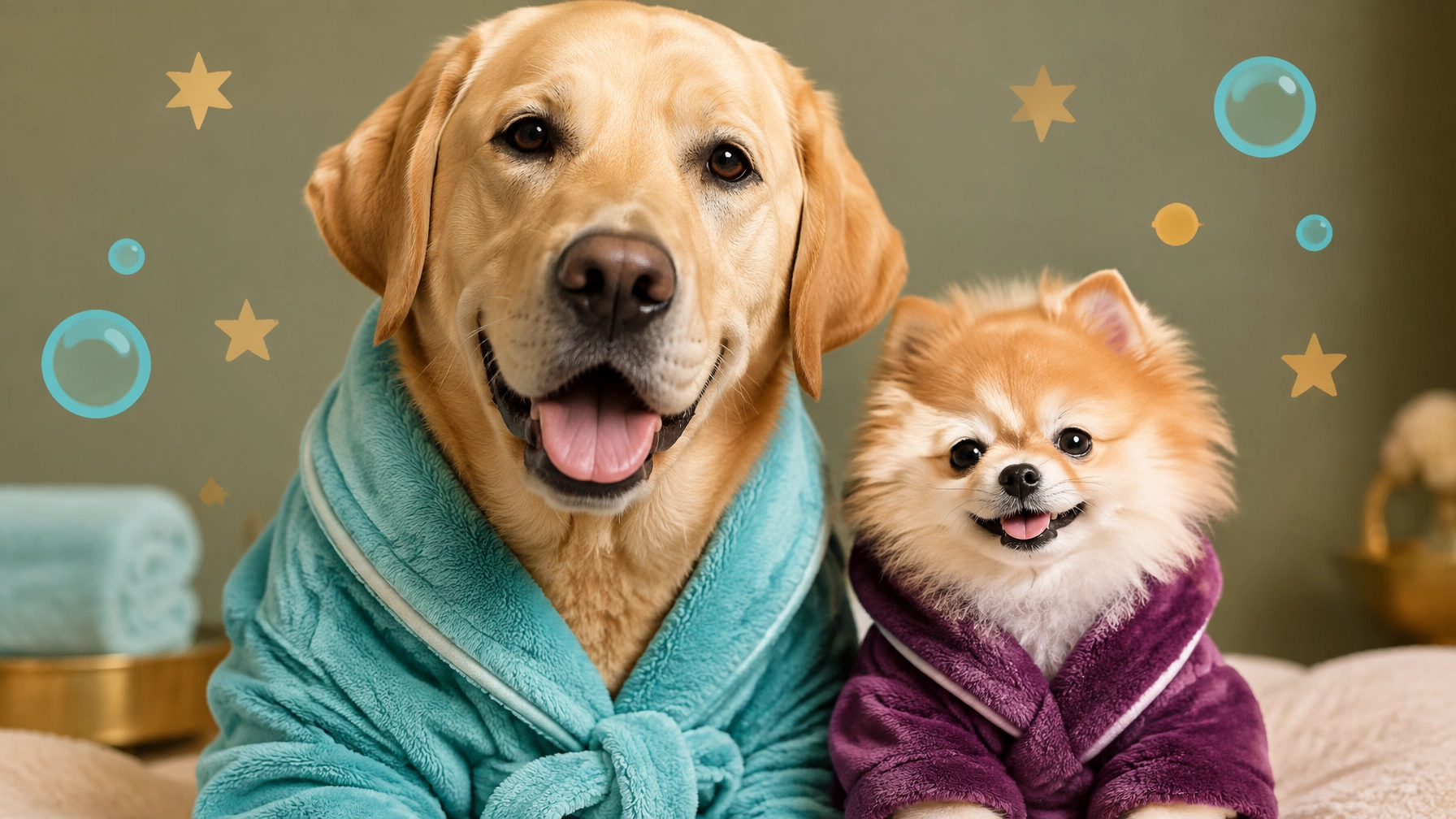 McKinney mobile dog groomer celebrating a freshly groomed large Labrador and tiny companion in matching bathrobes