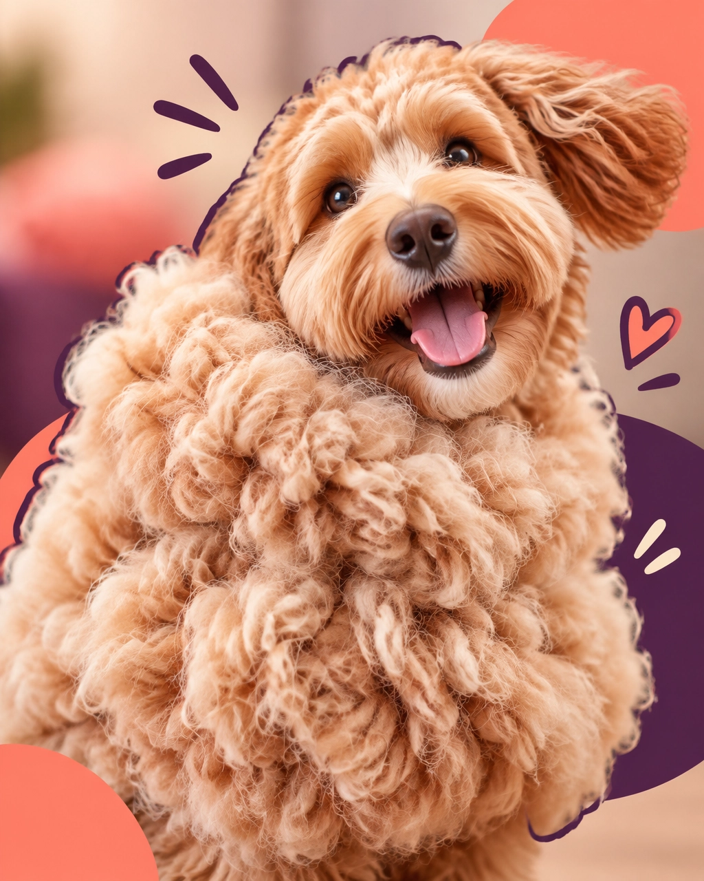 Goofy fluffy doodle dog wearing a comical oversized fur mat like a puffy jacket, photographed by a McKinney mobile dog groomer