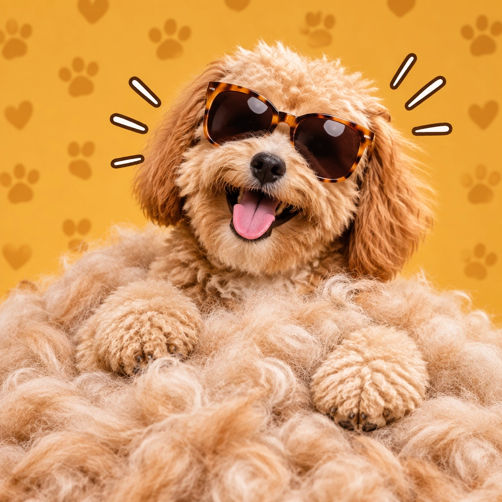 Cheeky fluffy dog wearing sunglasses while buried in a pile of its own clean loose fur after a humorous fall de-shedding session