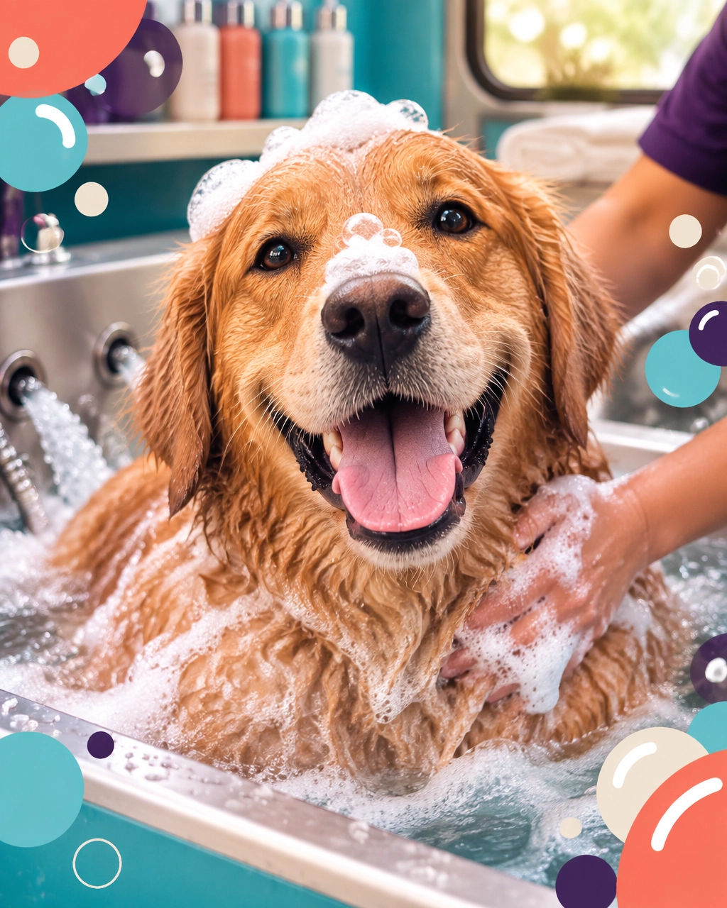 McKinney mobile dog groomer image of a happy golden retriever enjoying a bubbly hydromassage bath