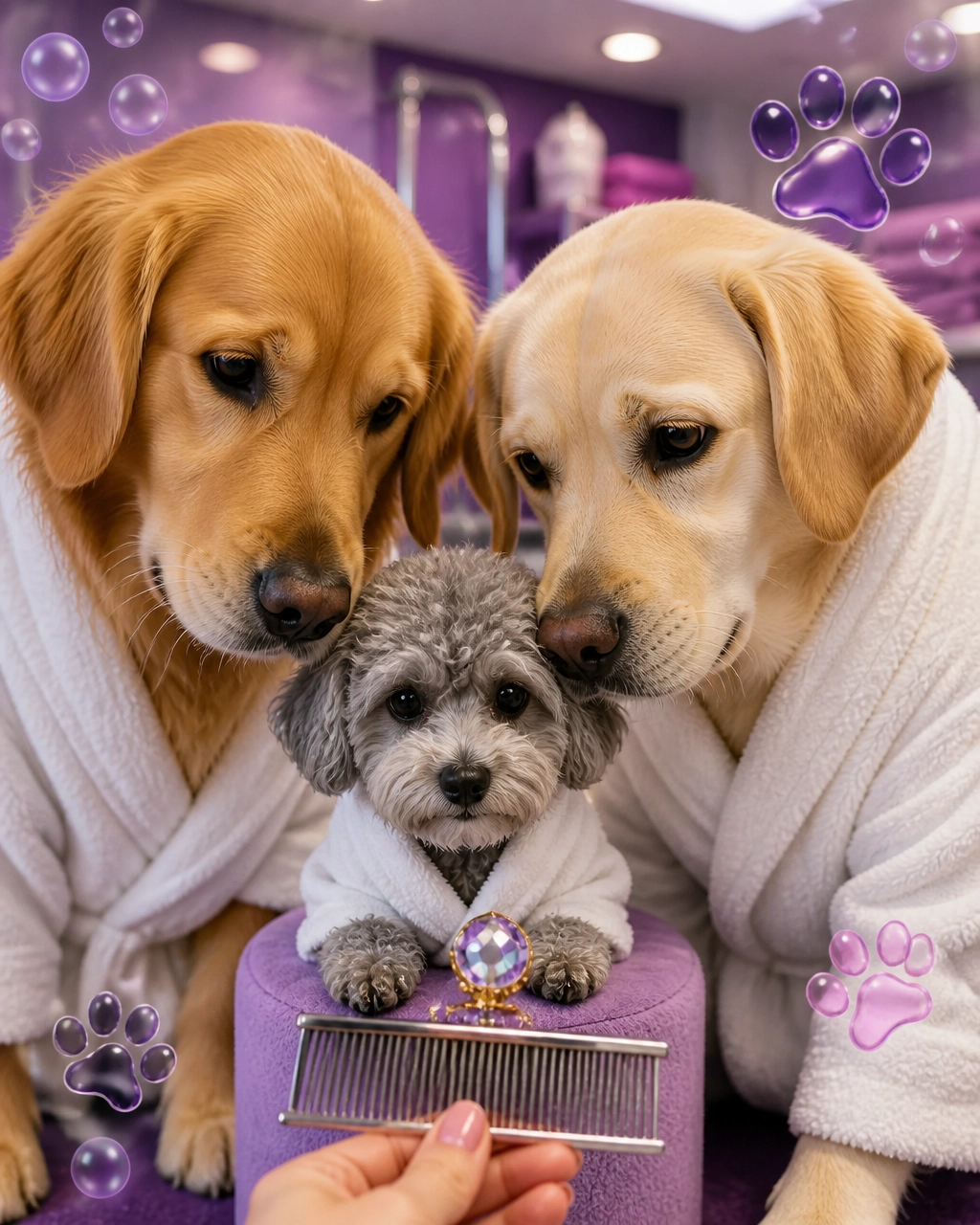 A large golden retriever and Labrador relax in spa towels while a small doodle looks at a flea comb like a royal treasure