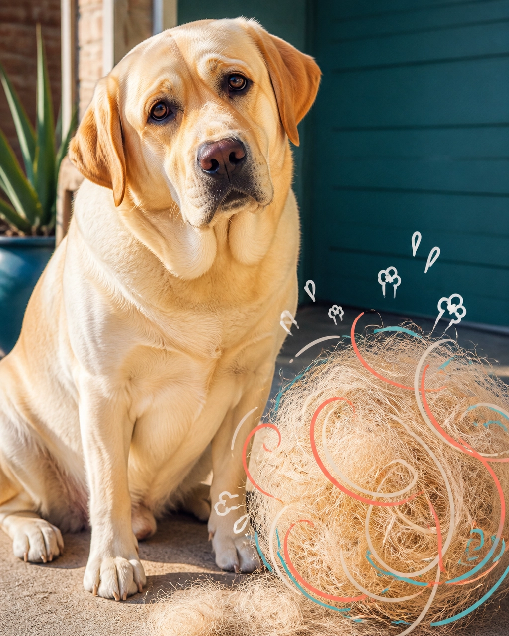 Large Labrador Retriever sitting beside a comically enormous pile of loose fur