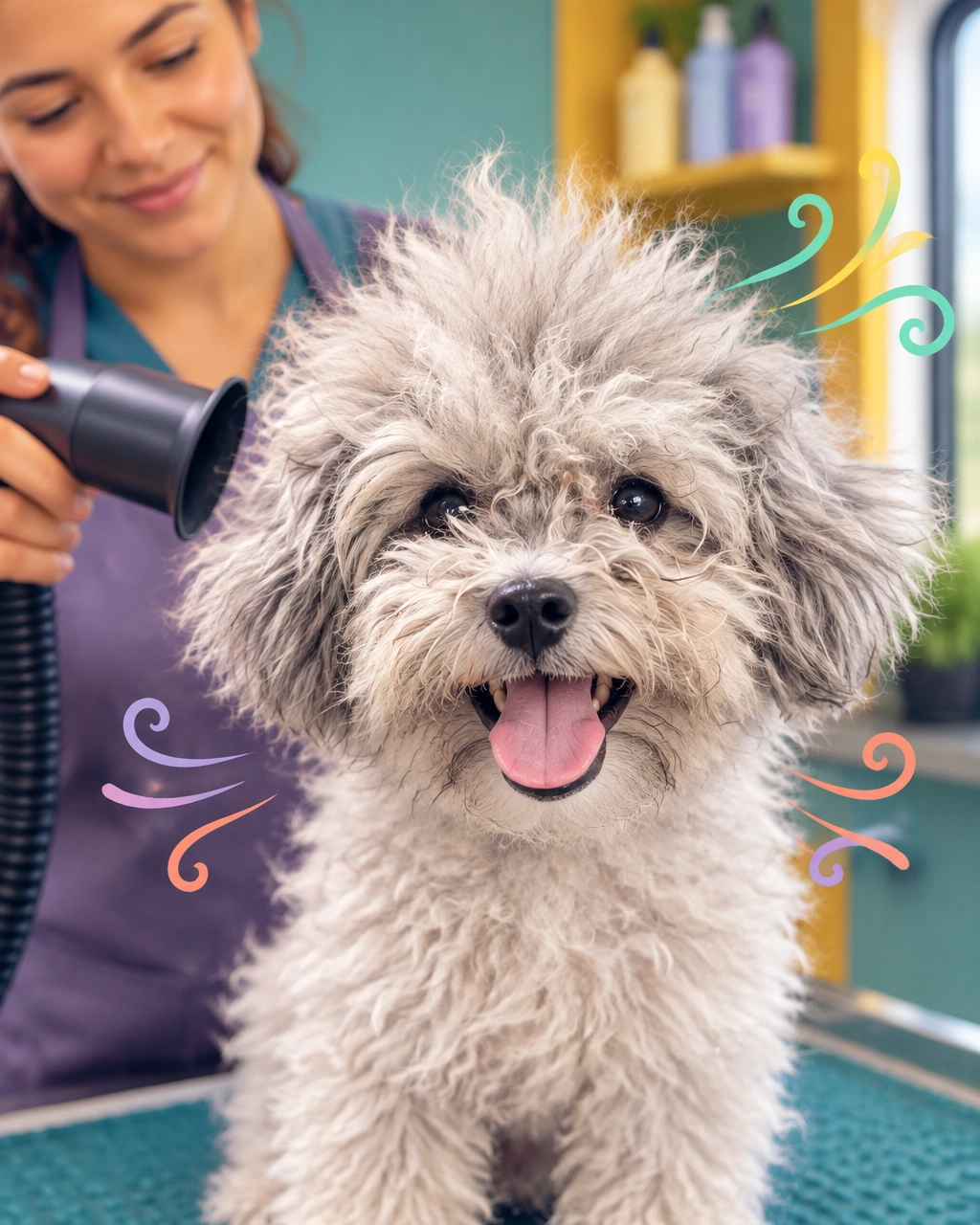 McKinney mobile dog groomer image of a happy curly-haired dog with a cloud-like coat during gentle drying