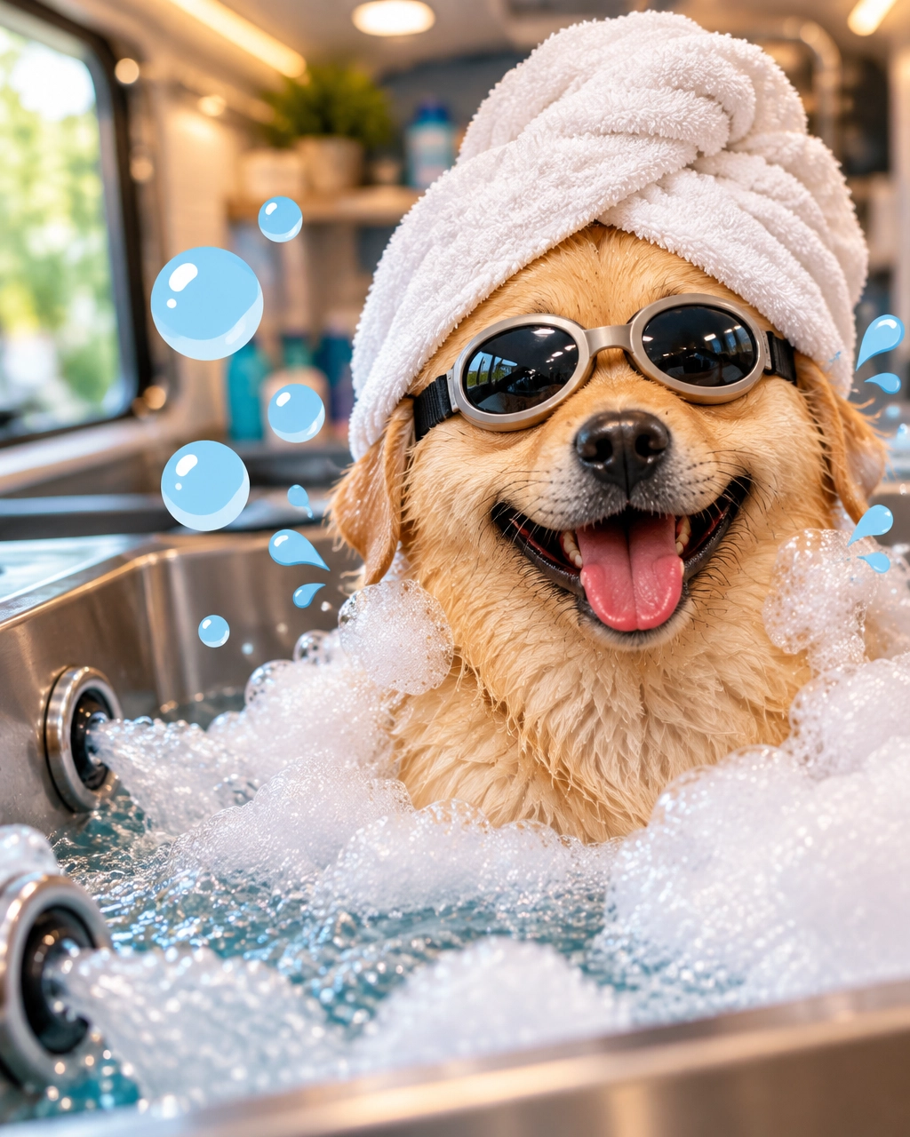 A happy Labrador wearing spa goggles and a towel turban while enjoying a bubbly hydromassage