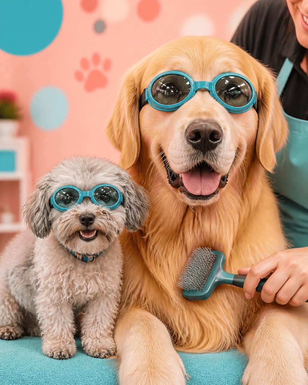 A tiny toy poodle and a huge Golden Retriever wearing matching silly spa goggles during a peaceful grooming session