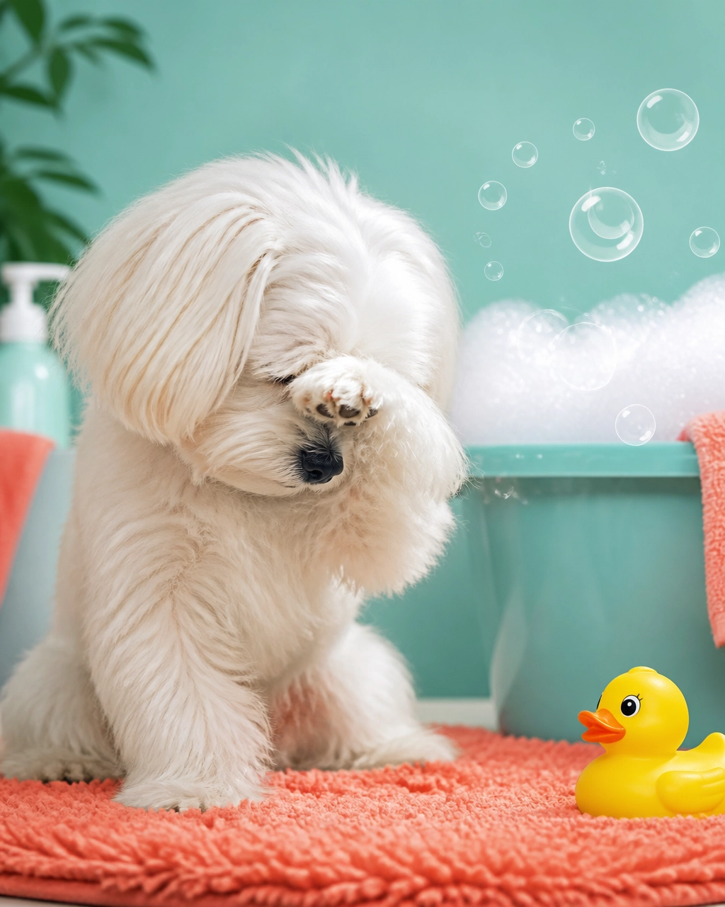 McKinney mobile dog groomer funny small dog: fluffy Maltese dramatically refusing to look at a bubble bath