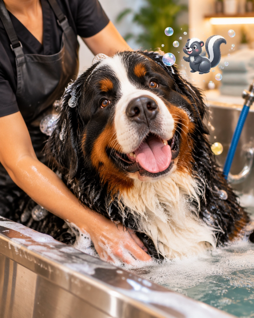 A large Bernese Mountain Dog enjoying a bubbly oxygenated bath inside a luxury mobile grooming salon