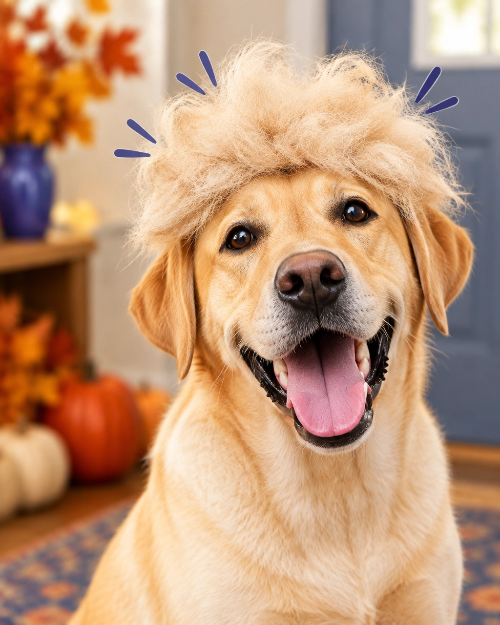 Funny Labrador wearing a tiny wig made from its own loose fur during fall shedding season with a McKinney mobile dog groomer