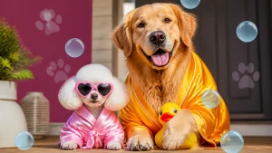 Mckinney mobile dog groomer with a tiny poodle and giant golden retriever celebrating after a funny luxury spa day
