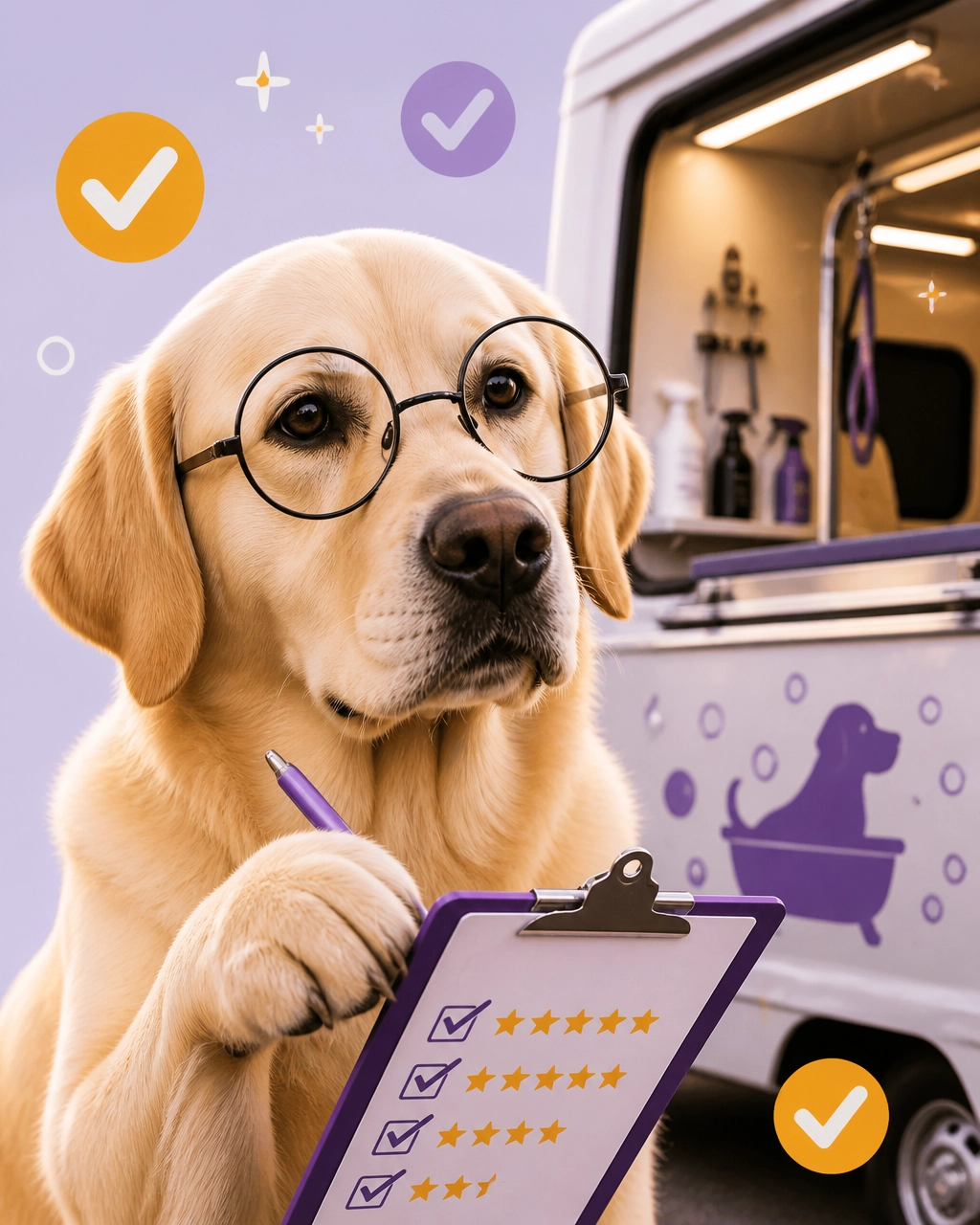 A fluffy Labrador wearing oversized glasses and acting like a humorous grooming quality inspector