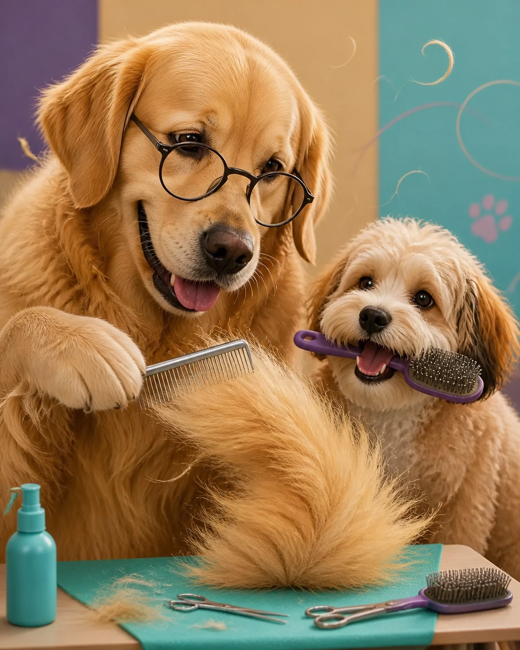 Mckinney mobile dog groomer helping a golden retriever and small dog with a playful at-home brushing routine