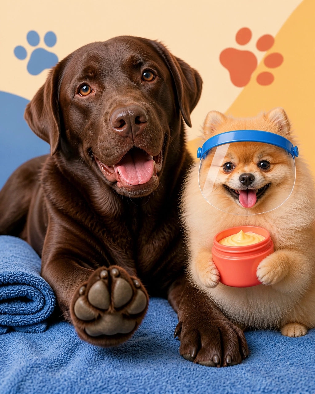 Mckinney mobile dog groomer caring for a Labrador’s paw pads while a small dog enjoys a playful spa moment