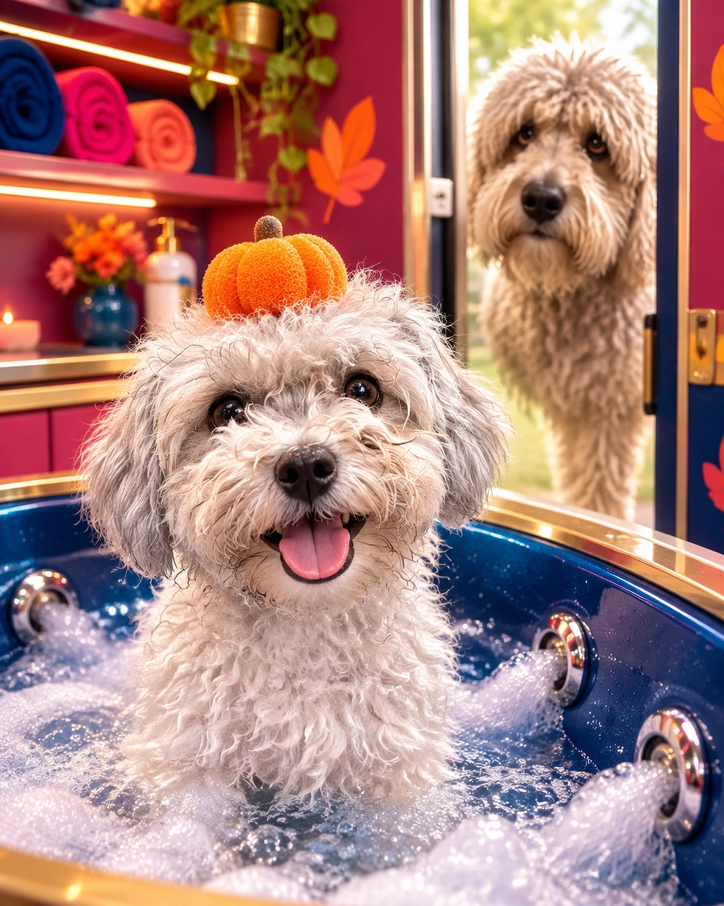 McKinney mobile dog groomer giving a small dog a playful hydromassage spa bath while a large dog waits outside