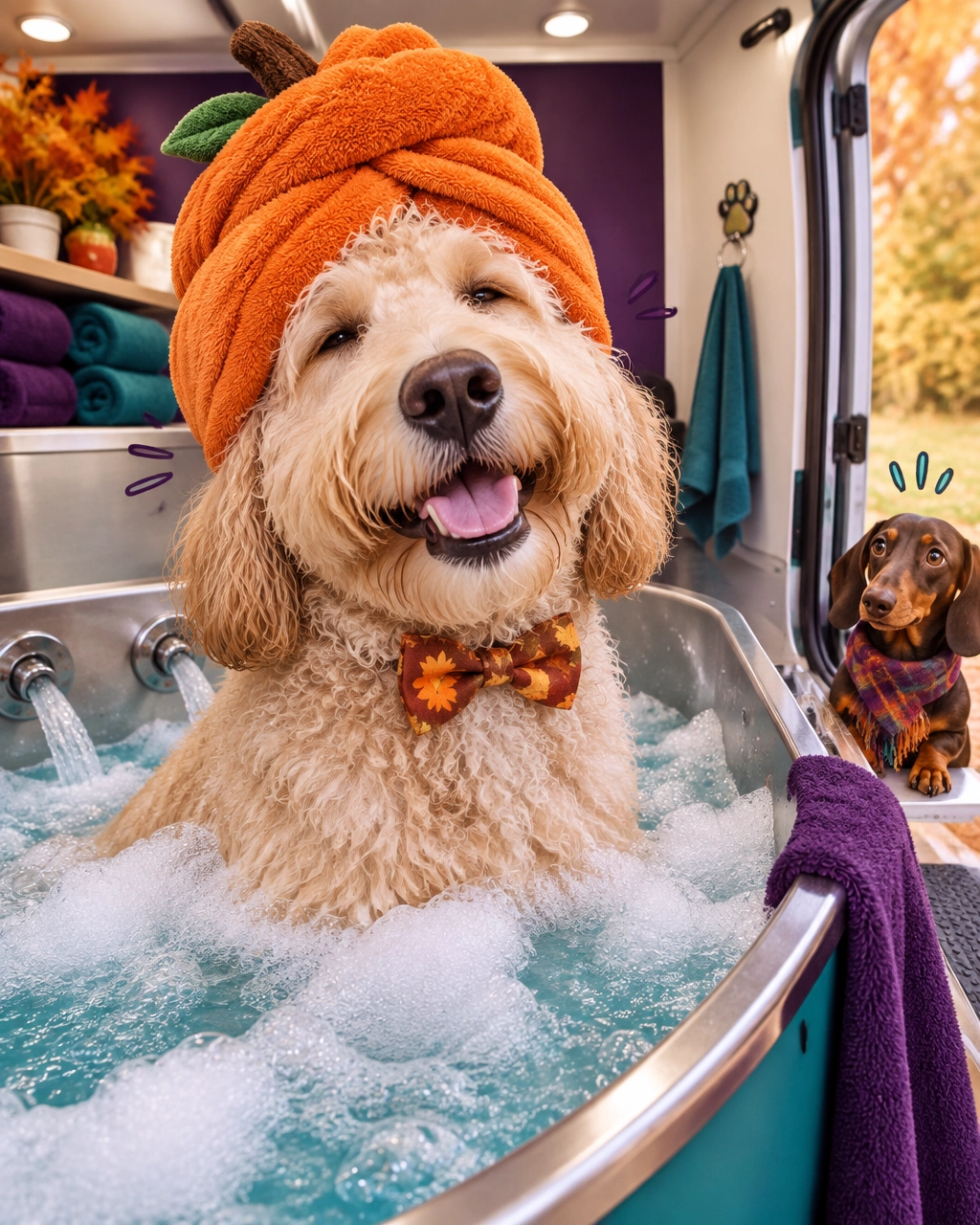 A fluffy Doodle enjoys a playful luxury bath inside a private mobile grooming van while wearing a pumpkin towel turban