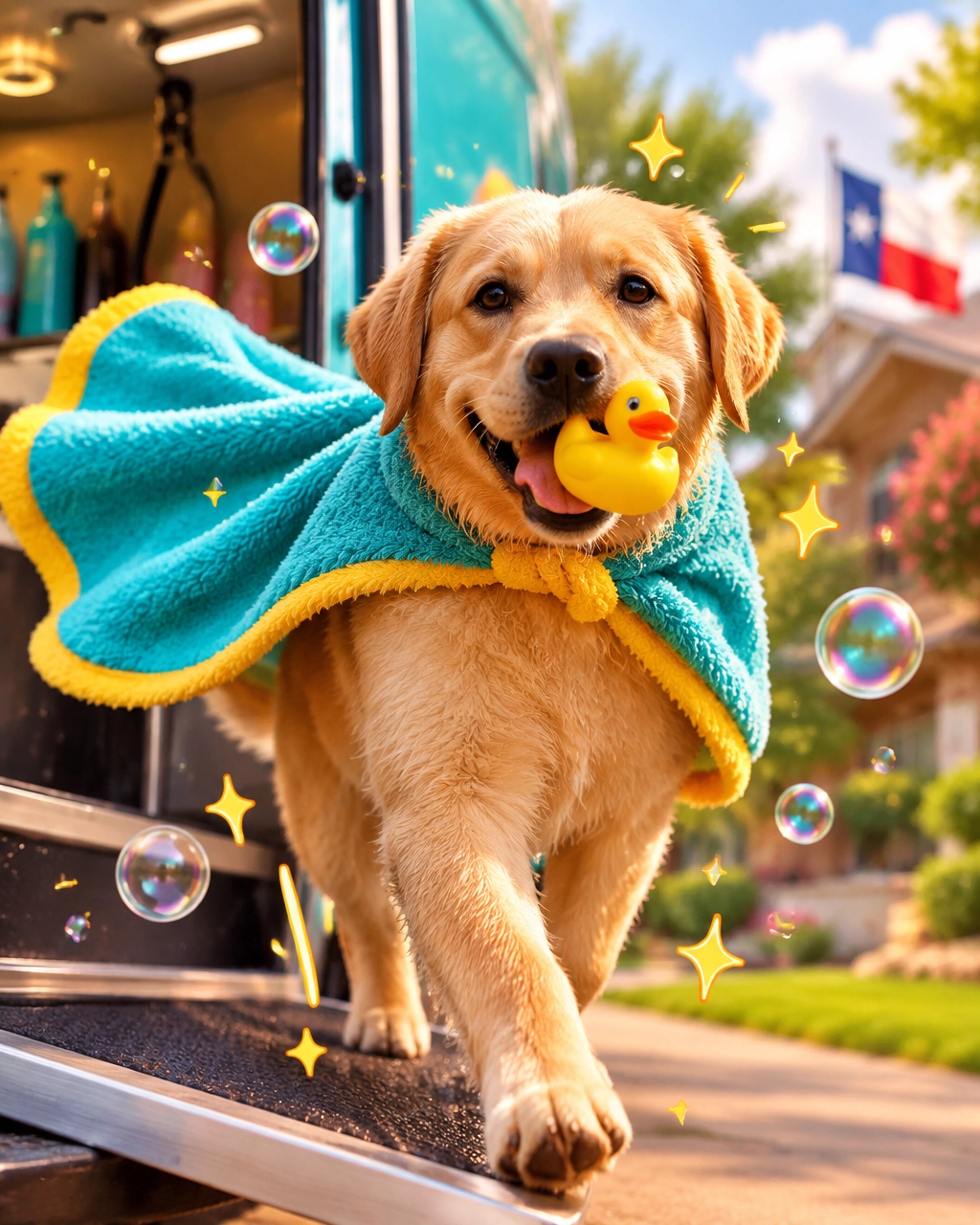 A freshly groomed Labrador proudly leaving a luxury mobile grooming van with a towel cape and rubber duck