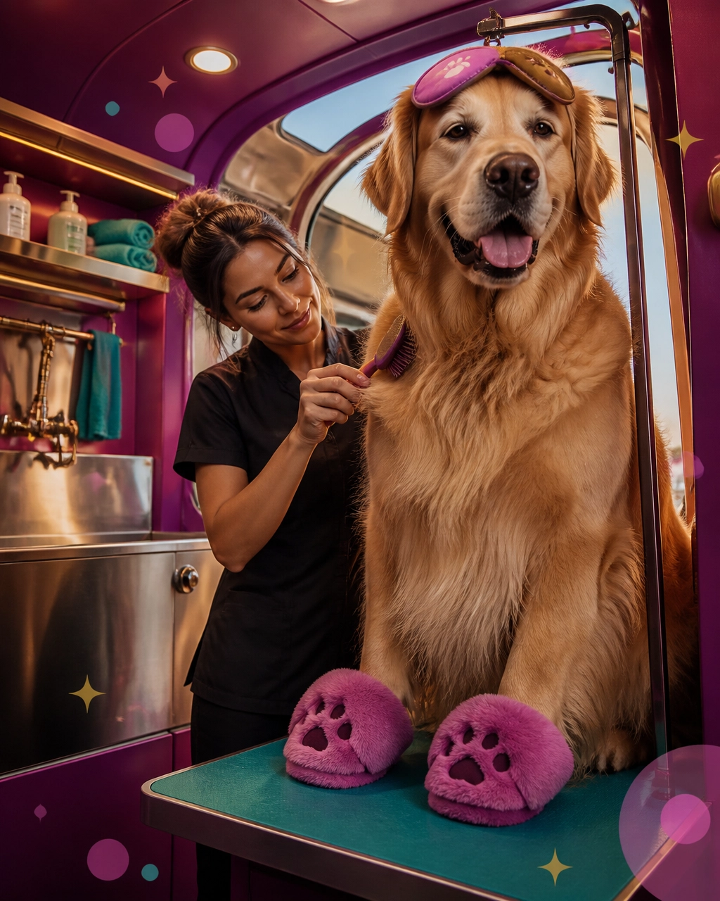 Mckinney mobile dog groomer Lead Groomer Maddie giving a relaxed giant golden retriever a funny luxury spa treatment inside a quiet mobile salon