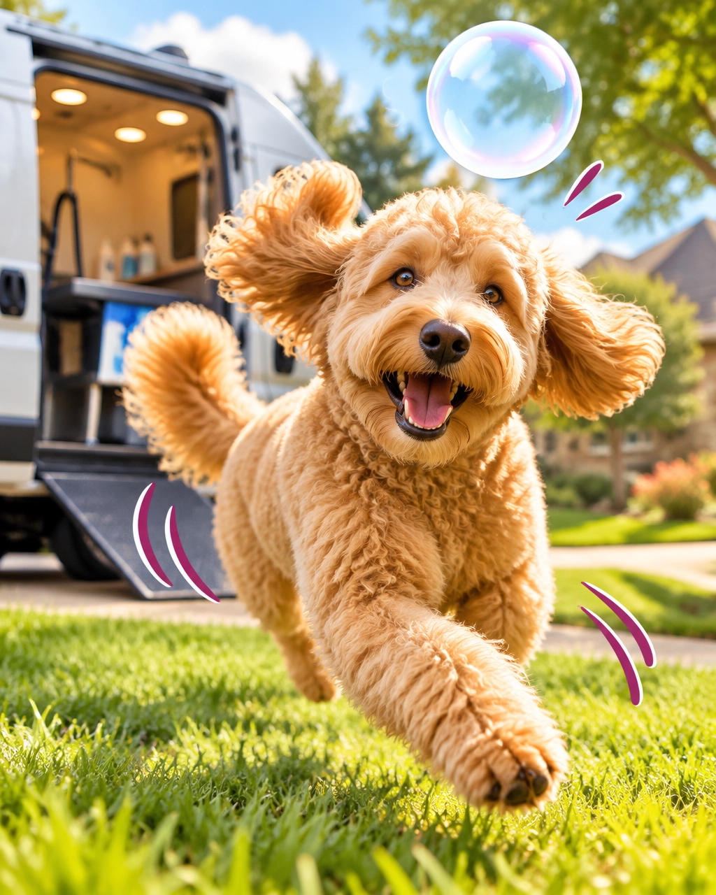 Allen-area mobile dog groomer celebrating a freshly groomed goldendoodle’s joyful zoomies
