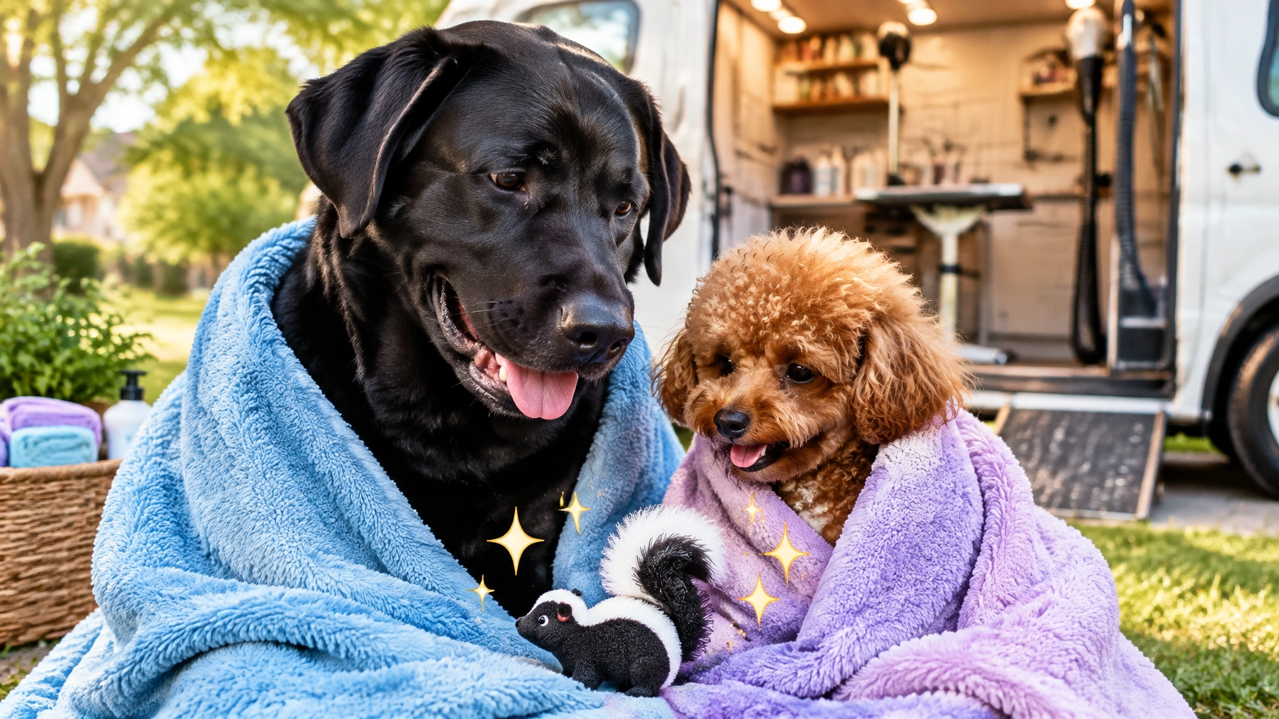 A giant black Labrador and a tiny toy poodle in spa towels celebrating fresh clean coats outside a luxury mobile grooming van