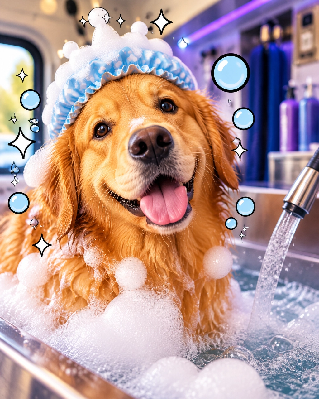 Fluffy golden retriever enjoying a bubbly hydromassage bath
