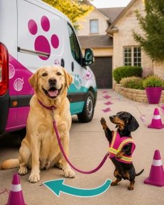 Mckinney mobile dog groomer driveway setup with a giant Labrador and a tiny dog acting as a funny traffic director