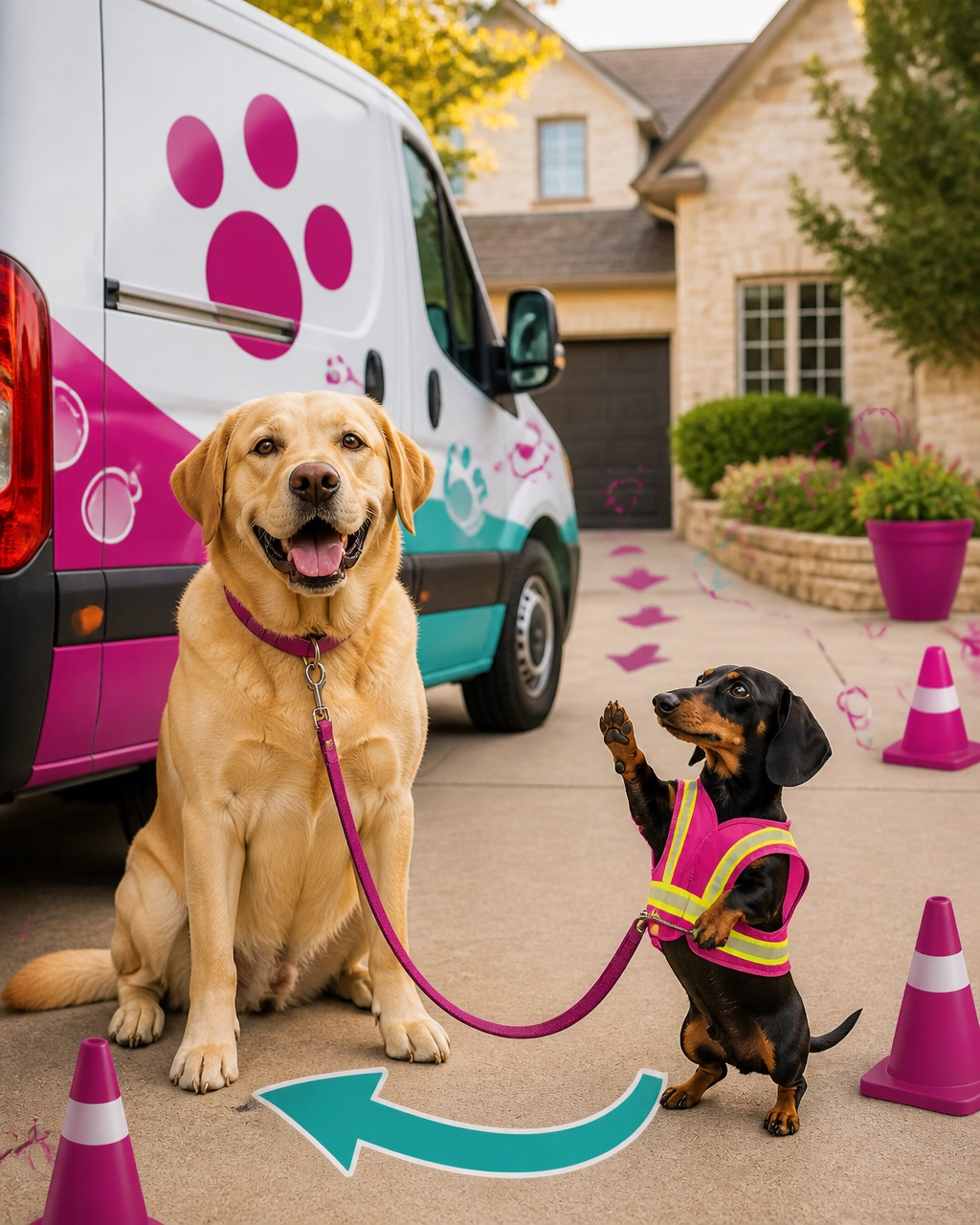 Mckinney mobile dog groomer driveway setup with a giant Labrador and a tiny dog acting as a funny traffic director