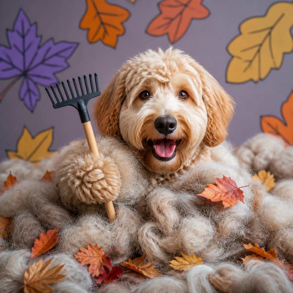 Happy doodle dog playfully holding a rake beside a pile of brushed undercoat