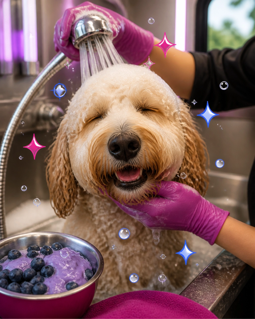 McKinney mobile dog groomer spa treatment: relaxed fluffy doodle receiving a gentle bubble bath inside a modern mobile grooming van