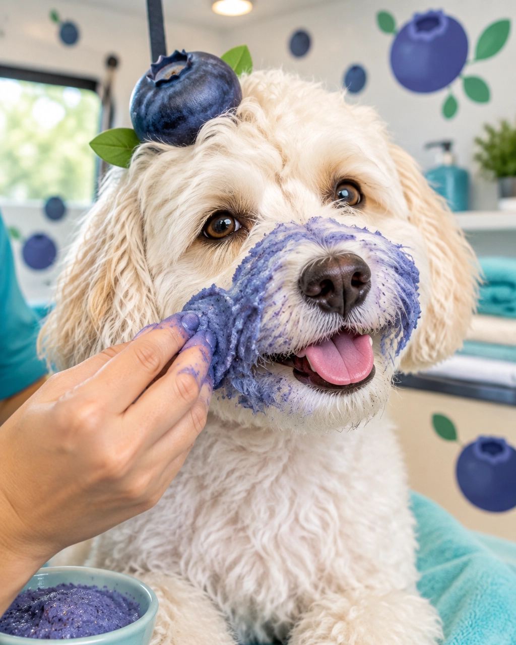 A happy fluffy white dog receiving a playful blueberry facial in a mobile grooming salon