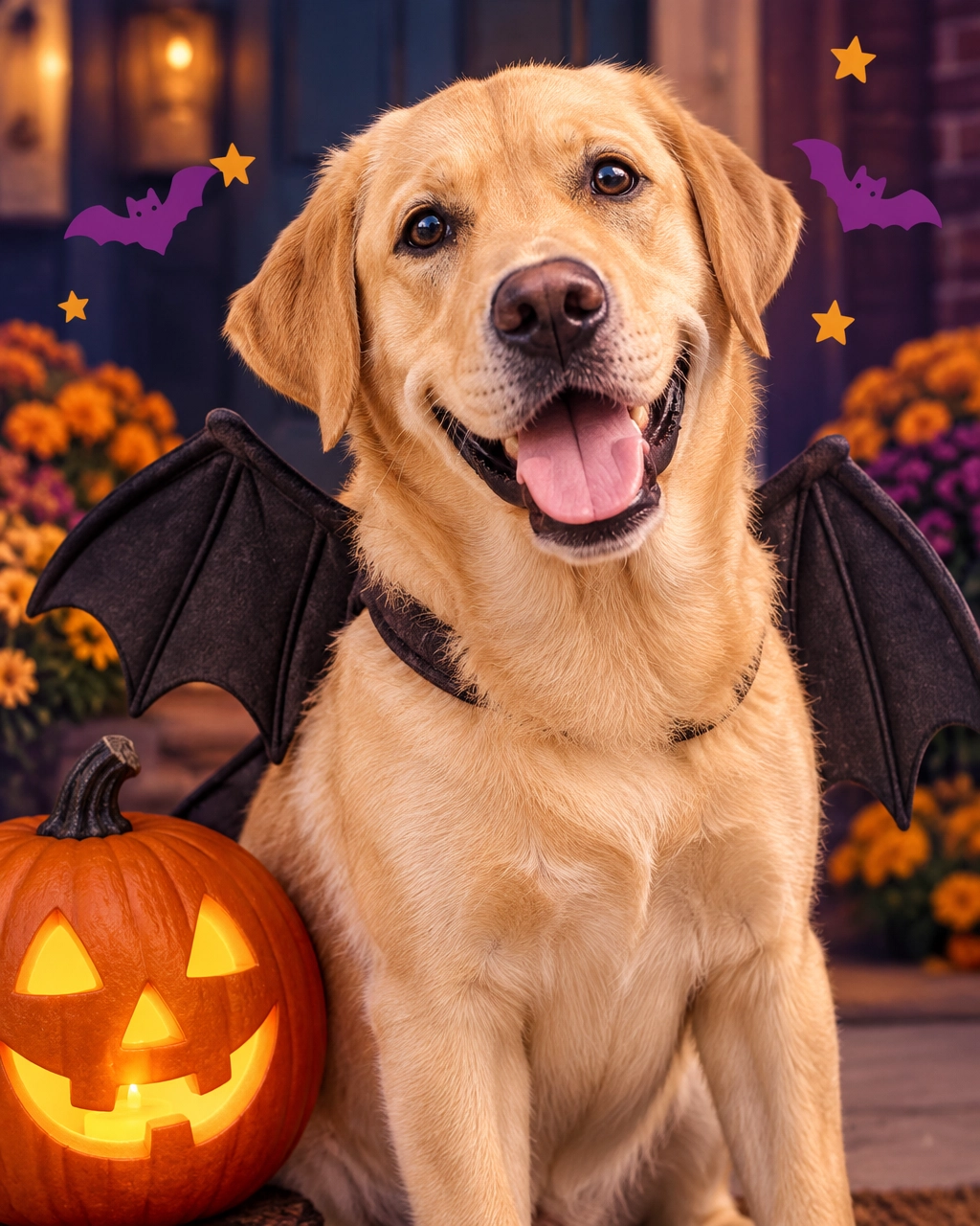 Large-breed lab in comfortable bat wings beside a safe battery-lit jack-o’-lantern, photographed for Prosper and Melissa Halloween dog grooming safety
